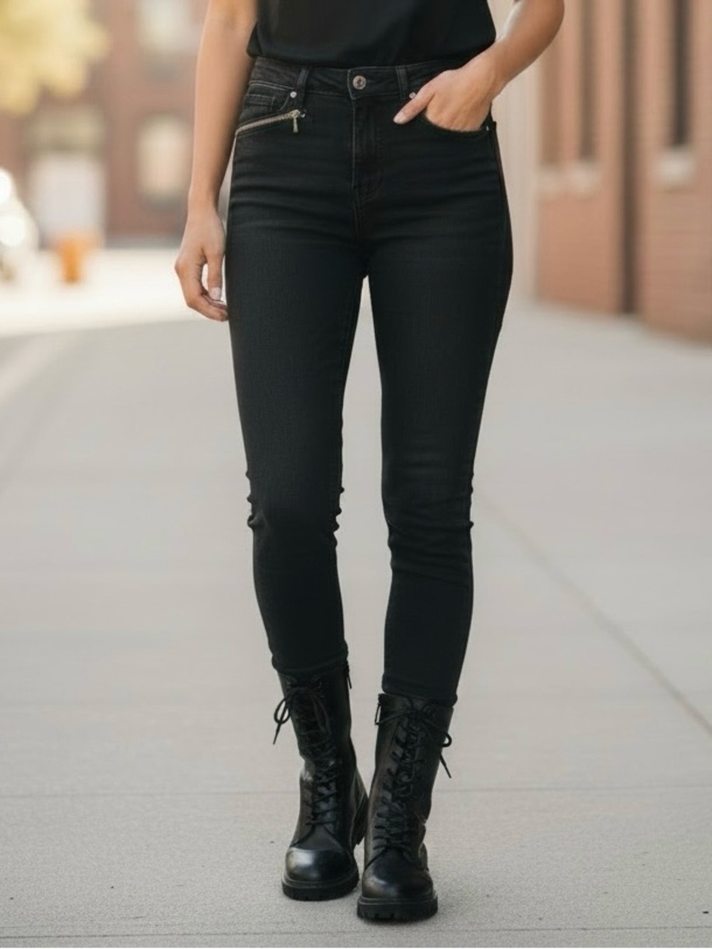 Cosmic Blue Love Black Skinny Jeans Zip Pocket Stretch Ankle
